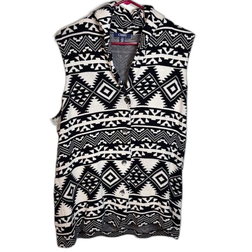 Chaps Women’s 0X Black White Southwestern Aztec Sweater Cardigan Vest